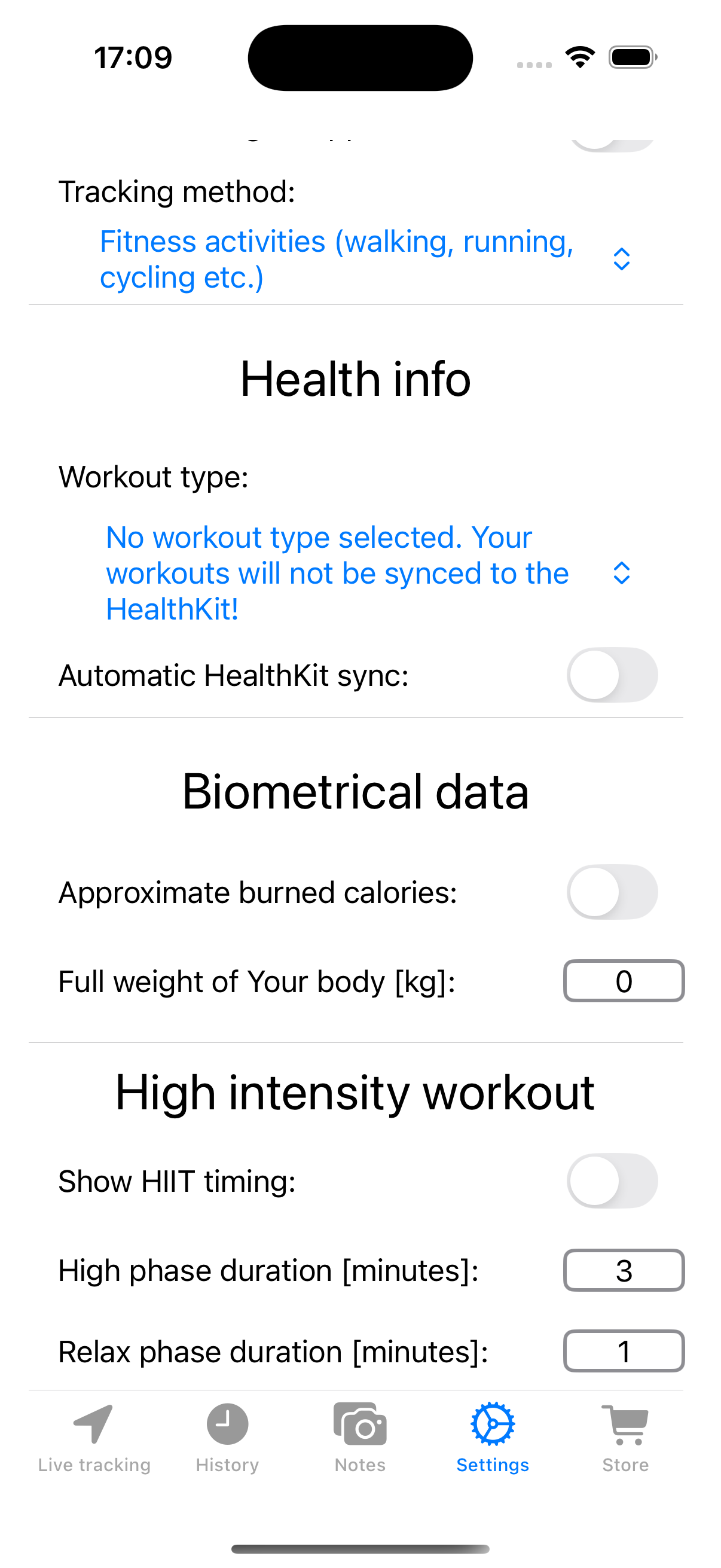 Settings - Workout Type